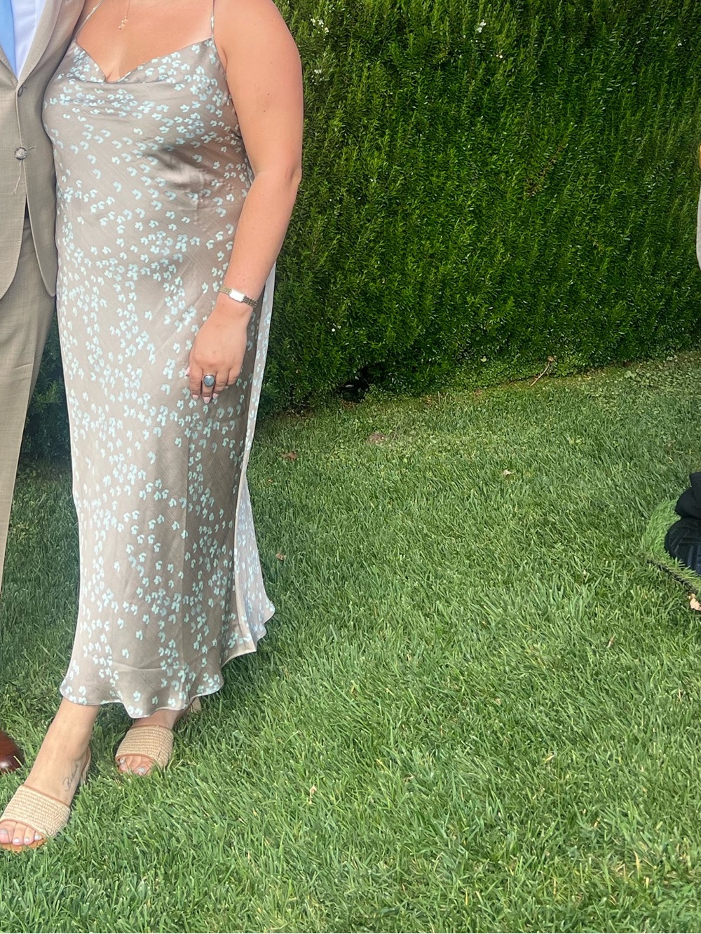 Calvin Klein Taupe Satin Slip with Mint Floral Accents